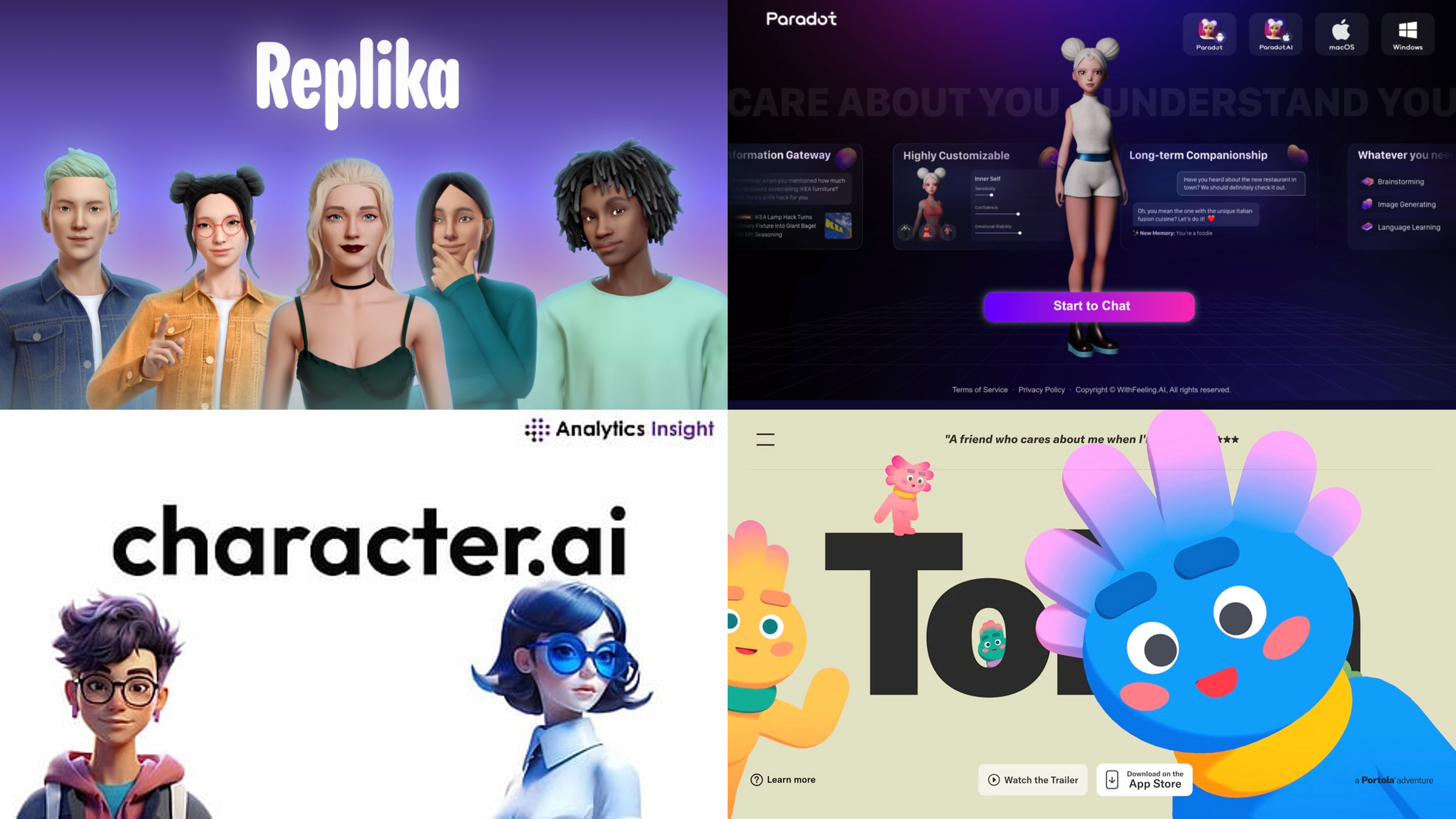 왼쪽 상단부터 Replika, Paradot, Tolan, character.ai
