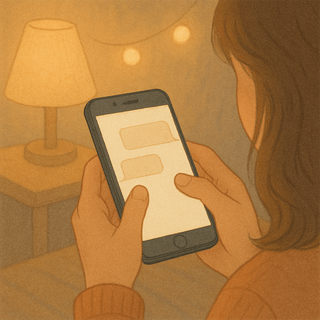 An illustration of a person lying in bed at night, looking at a phone, with various social media or video streaming app icons floating around, suggesting late-night searching for advice.
